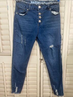 Pastels Dark Blue High-Rise Skinny Jeans with Button-Fly